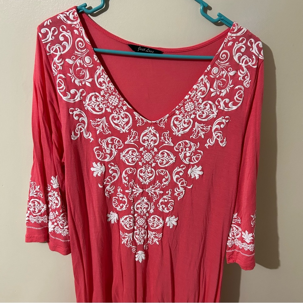 Boho Women’s Dress XL Pink White Mini V-neck Ornate Print Bell Sleeves Stretch - Picture 3 of 8